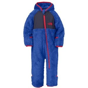 The North Face Blue and Red Kids One Piece Footie infant bunting